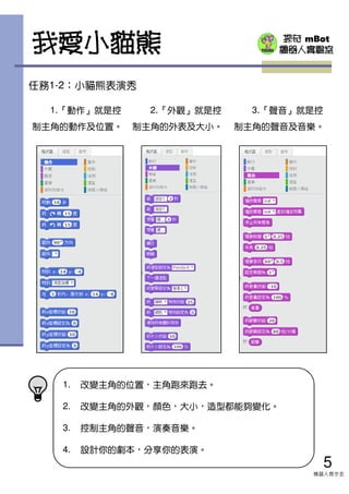 探奇 mBot
機器人實驗室我愛小貓熊
1.『動作』就是控
制主角的動作及位置。
2.『外觀』就是控
制主角的外表及大小。
3.『聲音』就是控
制主角的聲音及音樂。
1. 改變主角的位置，主角跑來跑去。
2. 改變主角的外觀，顏色，大小，造型都能夠變化。
3. 控制主角的聲音，演奏音樂。
4. 設計你的劇本，分享你的表演。
任務1-2：小貓熊表演秀
5
機器人齊步走
 