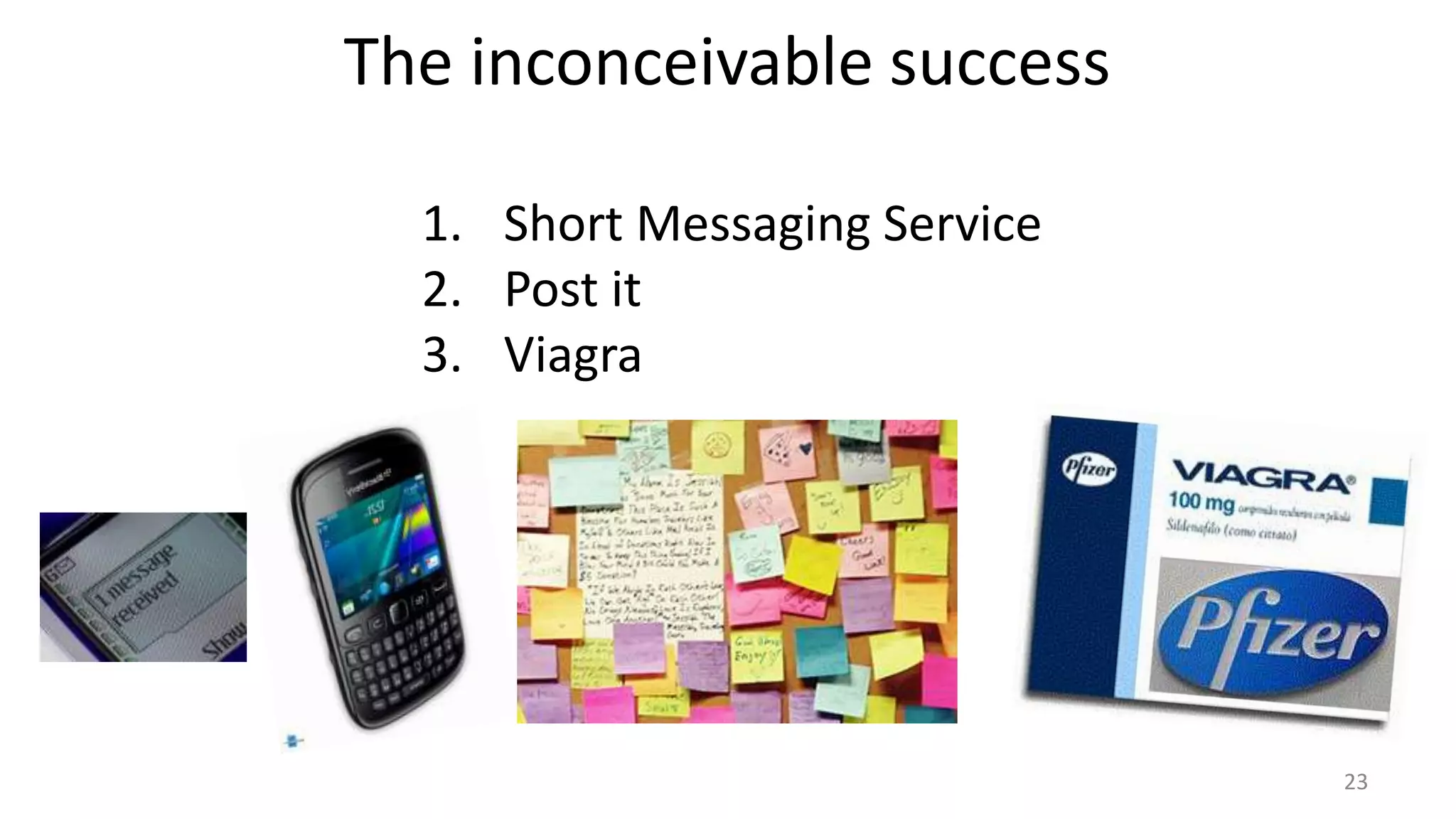 23
The inconceivable success
1. Short Messaging Service
2. Post it
3. Viagra
 