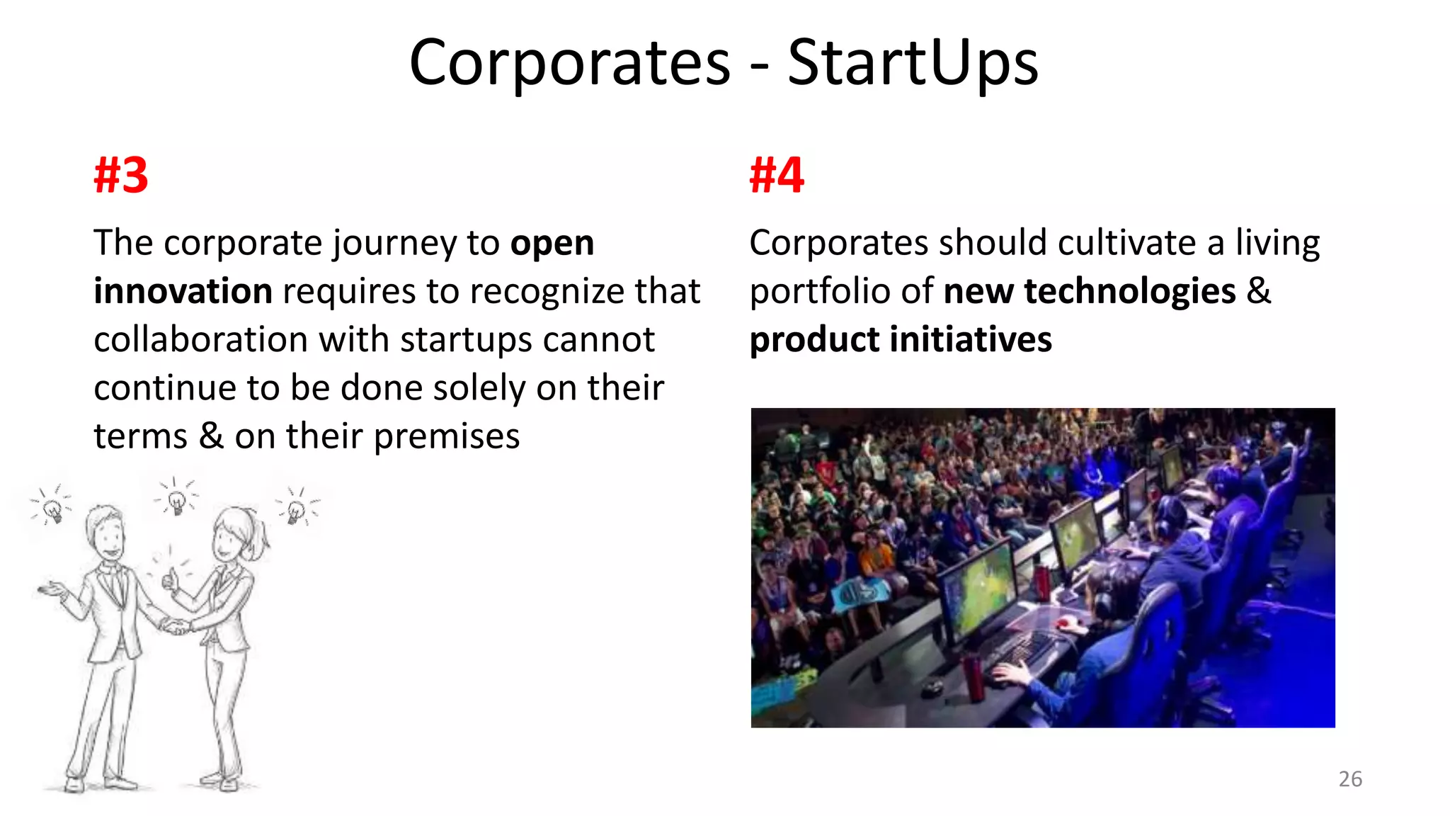 26
Corporates - StartUps
#3
The corporate journey to open
innovation requires to recognize that
collaboration with startups cannot
continue to be done solely on their
terms & on their premises
#4
Corporates should cultivate a living
portfolio of new technologies &
product initiatives
 