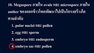 10. Megaspore ภายใน ovule และ microspore ภายใน
anther ของดอกข้าวโพดพัฒนาไปเป็นโครงสร้างใด
ตามลําดับ
1. polar nuclei และ pollen
2. egg และ sperm
3. embryo และ endosperm
4. embryo sac และ pollen
 