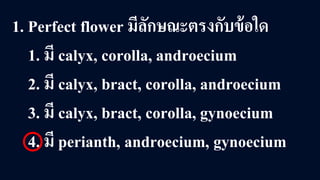 1. Perfect flower มีลักษณะตรงกับข้อใด
1. มี calyx, corolla, androecium
2. มี calyx, bract, corolla, androecium
3. มี calyx, bract, corolla, gynoecium
4. มี perianth, androecium, gynoecium
 