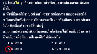 15. ข้อใด ไม่ ถูกต้องเกี่ยวกับการสืบพันธุ์แบบอาศัยเพศของพืชดอก
ทั่วไป
ก. พืชที่มีดอกไม่สมบูรณ์เพศไม่สามารถเกิดการถ่ายละอองเรณูได้
ข. ในการสืบพันธุ์แบบอาศัยเพศของพืชดอกต้องมีการแบ่งเซลล์แบบ
ไมโอซิสเพื่อสร้างเซลล์สืบพันธุ์
ค. เมกะสปอร์จะแบ่งนิวเคลียสแบบไมโอซิสจะได้นิวเคลียสจํานวน 8
นิวเคลียส เพื่อพัฒนาเป็นแกมีโทไฟต์เพศเมีย
1. ก และ ข 2. ข และ ค
3. ก และ ค 4. ก , ข และ ค
 