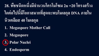 28. พืชชนิดหนึ่งมีจํานวนโครโมโซม 2n =20 โครงสร้าง
ใดต่อไปนี้มีโอกาสมากที่สุดจะพบโมเลกุล DNA ภายใน
นิวเคลียส 40 โมเลกุล
1. Megaspore Mother Call
2. Megaspore
3. Polar Nuclei
4. Endosperm
 