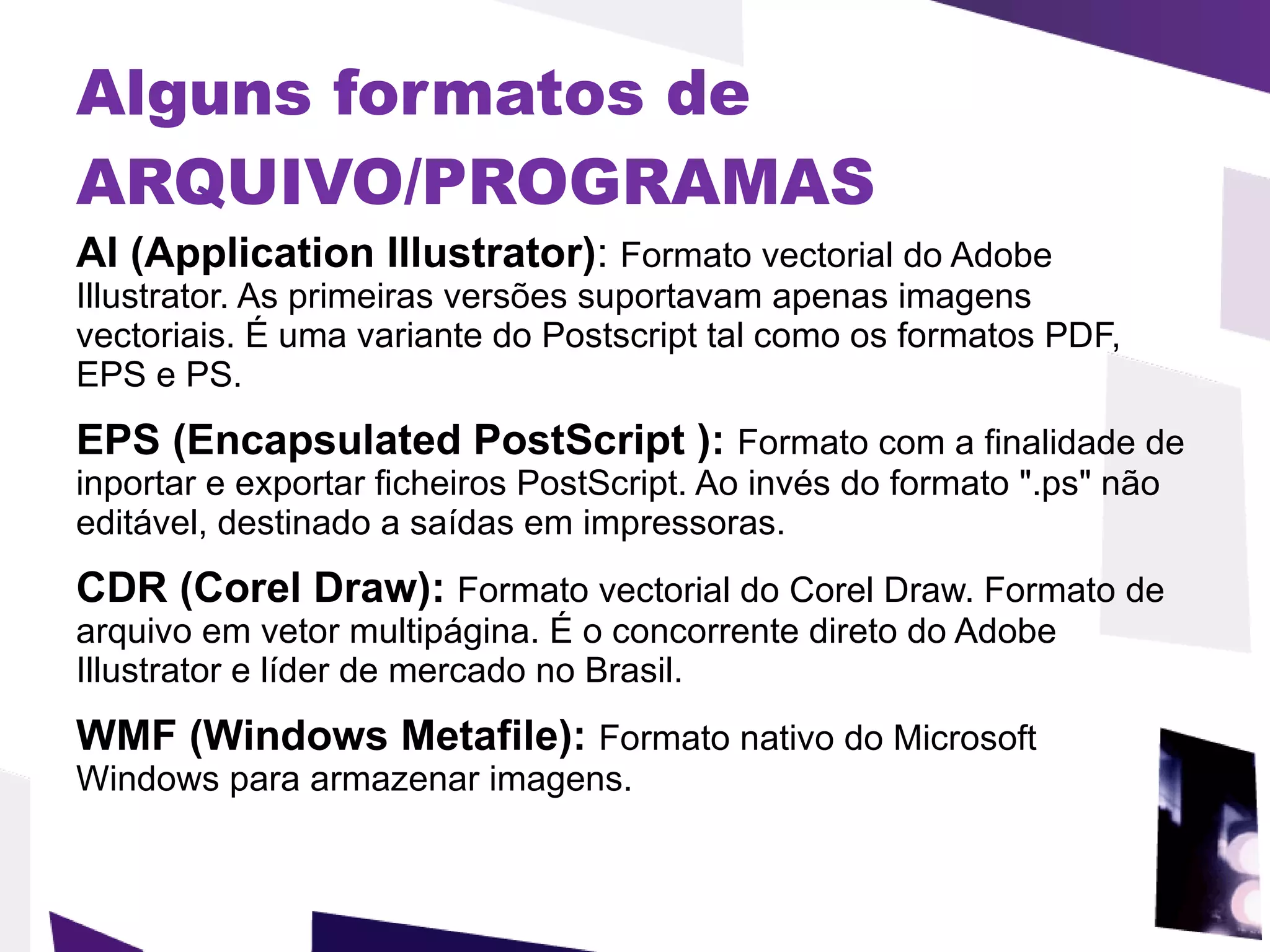 Alguns formatos de ARQUIVO/PROGRAMAS   AI (Application Illustrator) :  Formato vectorial do Adobe Illustrator. As primeiras versões suportavam apenas imagens vectoriais. É uma variante do Postscript tal como os formatos PDF, EPS e PS. EPS (Encapsulated PostScript ):  Formato com a finalidade de inportar e exportar ficheiros PostScript. Ao invés do formato ".ps" não editável, destinado a saídas em impressoras. CDR (Corel Draw):  Formato vectorial do Corel Draw. Formato de arquivo em vetor multipágina. É o concorrente direto do Adobe Illustrator e líder de mercado no Brasil. WMF (Windows Metafile):  Formato nativo do Microsoft  Windows para armazenar imagens. 