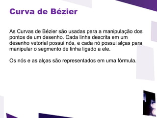 Curva de Bézier As Curvas de Bézier são usadas para a manipulação dos pontos de um desenho. Cada linha descrita em um desenho vetorial possui nós, e cada nó possui alças para manipular o segmento de linha ligado a ele. Os nós e as alças são representados em uma fórmula.  