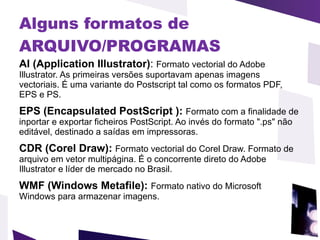 Alguns formatos de ARQUIVO/PROGRAMAS   AI (Application Illustrator) :  Formato vectorial do Adobe Illustrator. As primeiras versões suportavam apenas imagens vectoriais. É uma variante do Postscript tal como os formatos PDF, EPS e PS. EPS (Encapsulated PostScript ):  Formato com a finalidade de inportar e exportar ficheiros PostScript. Ao invés do formato ".ps" não editável, destinado a saídas em impressoras. CDR (Corel Draw):  Formato vectorial do Corel Draw. Formato de arquivo em vetor multipágina. É o concorrente direto do Adobe Illustrator e líder de mercado no Brasil. WMF (Windows Metafile):  Formato nativo do Microsoft  Windows para armazenar imagens. 