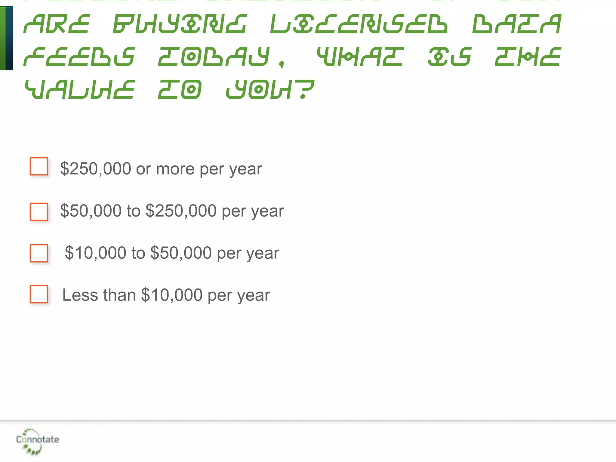are buying licensed data
feeds today, what is the
value to you?
$250,000 or more per year
$50,000 to $250,000 per year
$10,000 to $50,000 per year
Less than $10,000 per year
 