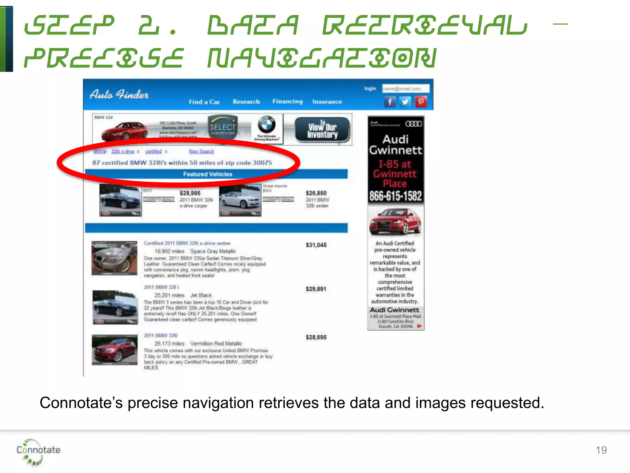 Step 2. Data Retrieval –
Precise Navigation
19
Connotate’s precise navigation retrieves the data and images requested.
 