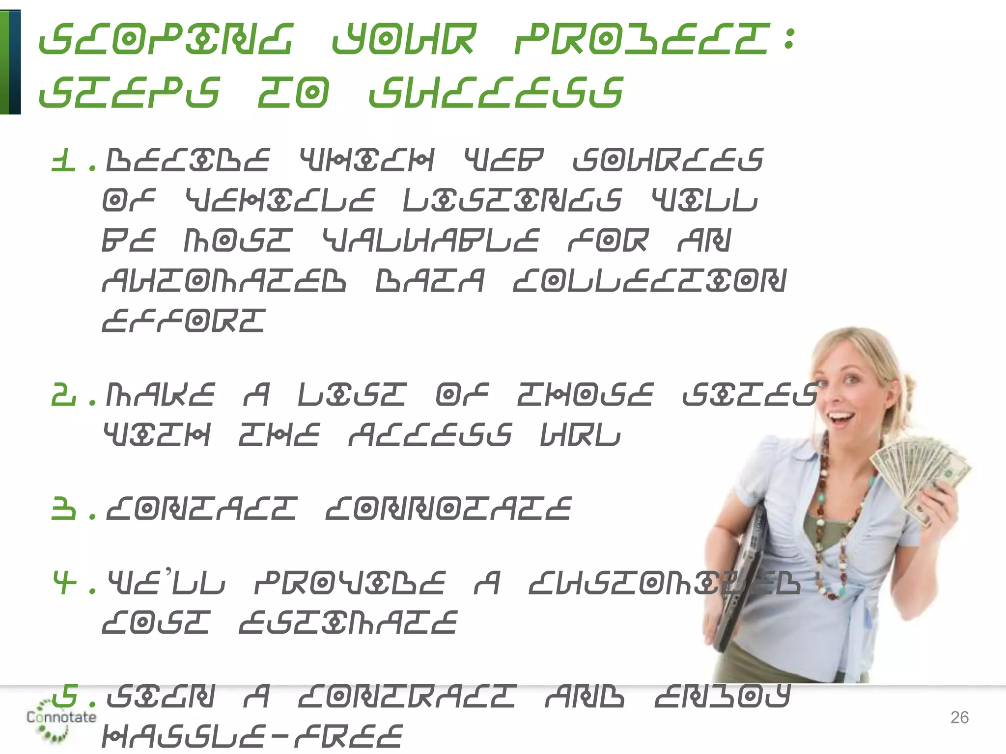 Scoping Your Project:
Steps to Success
1.Decide which Web sources
of vehicle listings will
be most valuable for an
automated data collection
effort
2.Make a list of those sites
with the access URL
3.Contact Connotate
4.We’ll provide a customized
cost estimate
5.Sign a contract and enjoy
hassle-free
26
 