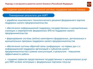 Планируемые результаты для МЭРТ Подходы и инструменты развития малого бизнеса в Российской Федерации доработка комплексного технологического решения федерального портала поддержки малого предпринимательства обеспечение информационной поддержки государственных и муниципальных служащих о мероприятиях федеральных ОГВ по поддержке малого предпринимательства формирование системы ( online ) мониторинга федеральных, региональных и муниципальных программ поддержки малого предпринимательства обеспечение системы обратной связи (информация «из первых рук») и информационной поддержки организаций и субъектов малого предпринимательства  в рамках  консультаци й , в результате – повышение эффективности работы создание сервисов предоставления государственных и муниципальных услуг для ПМП на базе интеграции с федеральным порталом госуслуг Создание  единой информационной системы поддержки малого бизнеса 