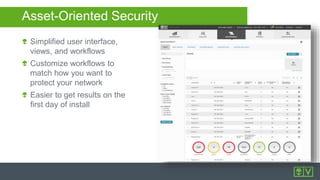 Asset-Oriented Security
Simplified user interface,
views, and workflows
Customize workflows to
match how you want to
protect your network
Easier to get results on the
first day of install
 