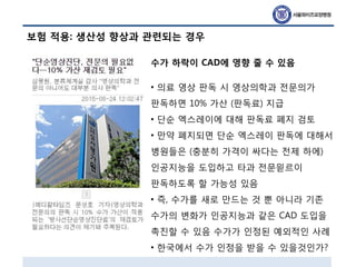 보험 적용: 생산성 향상과 관련되는 경우
수가 하락이 CAD에 영향 줄 수 있음
• 의료 영상 판독 시 영상의학과 전문의가
판독하면 10% 가산 (판독료) 지급
• 단순 엑스레이에 대해 판독료 폐지 검토
• 만약 폐지되면 단순 엑스레이 판독에 대해서
병원들은 (충분히 가격이 싸다는 전제 하에)
인공지능을 도입하고 타과 전문읟르이
판독하도록 할 가능성 있음
• 즉, 수가를 새로 만드는 것 뿐 아니라 기존
수가의 변화가 인공지능과 같은 CAD 도입을
촉진할 수 있음 수가가 인정된 예외적인 사례
• 한국에서 수가 인정을 받을 수 있을것인가?
 