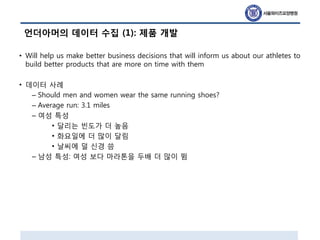 언더아머의 데이터 수집 (1): 제품 개발
• Will help us make better business decisions that will inform us about our athletes to
build better products that are more on time with them
• 데이터 사례
– Should men and women wear the same running shoes?
– Average run: 3.1 miles
– 여성 특성
• 달리는 빈도가 더 높음
• 화요일에 더 많이 달림
• 날씨에 덜 신경 씀
– 남성 특성: 여성 보다 마라톤을 두배 더 많이 뜀
 