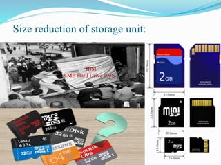 Size reduction of storage unit:
IBM
5 MB Hard Drive 1956
 