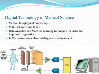 Digital Technology in Medical Science
 Medical Imaging and processing.
 MRI, , CT scans and X Ray.
 Data Analytics and Machine Learning techniques for faster and
improved diagnostics.
 In Vivo sensors for enhanced diagnosis and treatment.
 