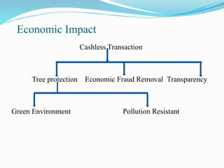 Economic Impact
Cashless Transaction
Tree protection Economic Fraud Removal Transparency
Green Environment Pollution Resistant
 