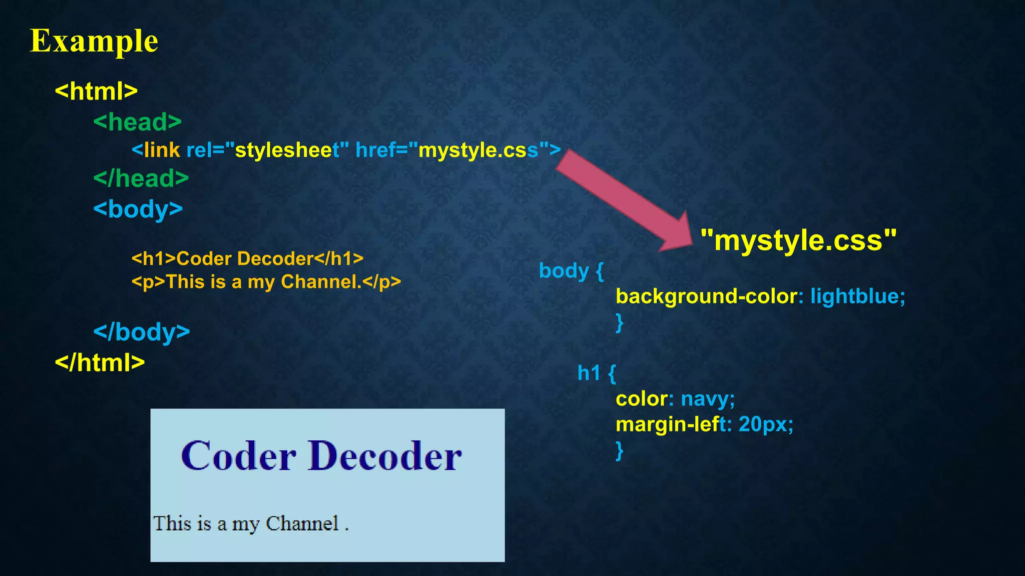 <html>
<head>
<link rel="stylesheet" href="mystyle.css">
</head>
<body>
<h1>Coder Decoder</h1>
<p>This is a my Channel.</p>
</body>
</html>
"mystyle.css"
body {
background-color: lightblue;
}
h1 {
color: navy;
margin-left: 20px;
}
Example
 