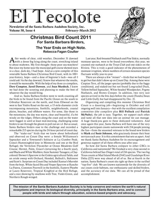 El TecoloteNewsletter of the Santa Barbara Audubon Society, Inc.
Volume 50, Issue 4				 February–March 2012
The mission of the Santa Barbara Audubon Society is to help conserve and restore the earth’s natural
ecosystems and improve its biological diversity, principally in the Santa Barbara area, and to connect
people with birds and nature through education, science-based projects and advocacy.
After weeks of clear, cold weather, December 31 dawned
with a dense fog lying along the coast, stretching inland
to about midtown. My first thought: those poor sea-watchers!
But since my home near the municipal golf course showed stars
in a clear, dark sky, I had hope. And as a new compiler of this
venerable Santa Barbara Christmas Bird Count, with its 100+
year-history, hope—and a dose of beginner’s luck—was all I
could ask! As the day dawned, I knew that whatever the results,
it would be memorable. With the help of my three co-compilers,
Dave Compton, Jared Dawson, and Joan Murdoch, I knew
we had done the scouting and planning to make the best of
whatever the day would bring.
And so, Santa Barbara birders went to work counting all
the birds to be found from the Pacific Ocean on the south to
Gibraltar Reservoir on the north, and from Ellwood on the
west to San Ysidro Road on the east, a 15-mile-diameter circle
encompassing mountains, foothills, neighborhoods, coastal
plains, beaches, and offshore waters. For some, like those in
the mountains, the day was warm, clear and beautiful, if a bit
windy on the ridges. Others along the coast and on the water
were fogged in until at least mid-morning, challenging some
birders to see through the gloom to pull out an i.d. But as usual,
Santa Barbara birders rose to the challenge and recorded a
remarkable 215 species during the 24-hour period of count day.
The “stake-out” birds that we knew about beforehand
and observed on Count Day were: a female Williamson’s
Sapsucker and a Townsend’s Solitaire at La Cumbre Peak;
Costa’s Hummingbird (one in Montecito and one at the Bird
Refuge); the Vermilion Flycatcher at Ocean Meadows Golf
Course; Hermit, Palm, Grace’s (returning for a fourth year),
and Black-and-White Warblers; three Summer Tanagers; a Clay-
colored/Brewer’s Sparrow in the Goleta agricultural fields; and
an oriole sweep with Orchard, Hooded, Bullock’s, Baltimore
and Scott’s. Surprises on Count Day included Xantus’s Murrelet
from the boat, White-faced Ibis and Vesper Sparrow at Rancho
La Patera, Common Poorwill in the foothills, Eastern Phoebe
at Lauro Reservoir, Tropical Kingbird at the Bird Refuge,
and a nice showing by swallows with Tree, Violet-Green, and
Northern Rough-winged.
Christmas Bird Count 2011
For Santa Barbara Birders,
The Year Ends on High Note.
Rebecca Fagan Coulter
Last year, Red-breasted Nuthatch and Pine Siskin, normally
montane species, were to be found everywhere; this year, we
counted one nuthatch at the Trout Club and one siskin on the
Riviera. This is truly a good indicator of the phenomenon of
montane irruption, where numbers of certain mountain species
fluctuate wildly year-to-year.
There are always a few “misses”—birds that we had hoped
to get but that didn’t show up on Count Day. Among these were
Caspian Tern, all the jaeger species (probably due to the foggy
conditions), and staked-out but not found Long-tailed Duck,
Yellow-bellied Sapsucker, White-headed Woodpecker, Pygmy
Nuthatch, and Brown Creeper. In addition, two very rare
species arrived in the few days before the count (Tundra Swan
and Little Gull), but had disappeared by Dec. 31.
Organizing and compiling this monster Christmas Bird
Count is a daunting job—beginning in October and still
ongoing well into January—but with the excellent compilation
committee (the compilers plus Bill Pollock and Patrick
McNulty), the job is easy. Together, we support each other
and tame all that raw data into an animal we can manage.
A huge thank-you goes to these dedicated volunteers. And
once again this year, Santa Barbara will have one of the very
highest participant counts nationwide with 214 people joining
the fun—from the seasoned veterans to the brand new birders
to Mark and Susie Johnson, who graciously donate their boat
services each year. It is this commitment that sets us apart. And
we thank Santa Barbara Audubon for its encouragement and
generous support of all these efforts year after year.
So how did Santa Barbara compare to other CBCs in
California and nationwide? We finished a very close second in
California behind San Diego’s total of 216 species. The two big
Texas counts at Mad Island Marsh (244!) and Guadalupe River
Delta (225) were way ahead of all of us. But at fourth in the
nation, Santa Barbara’s count sits right up there in the rarified
“top-five” club. We are known nationwide for the diversity of
our count circle habitats, our enthusiastic and skilled birders,
and the accuracy of our data. We can all be proud of that
accomplishment.
 