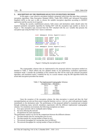  ISSN: 2088-8708
Int J Elec & Comp Eng, Vol. 8, No. 5, October 2018 : 3103 - 3111
3106
5. DESCRIPTION OF THE PROPOSED SELECTIVE ENCRYPTION METHOD
In this paper, a user selective encryption method is proposed which hires the main three symmetric
encryption algorithms: Data Encryption Standard (DES), Triple DES (3DES) and Advanced Encryption
Standard (AES) so the user is able to choose the suitable encryption algorithm according to MANET
application and the security level required.
During the security establishment process, both source and destination nodes should select the
required symmetric encryption algorithm by feeding NCF with the encryption type number as shown in
Figure 2. The encryption type received from the NCF attached with the encr variable that presents the
encryption type using the bind ("encr",&encr) statement.
Figure 2. Setting the encryption type in NCF
The cryptographic schemes that are implemented in the proposed selective encryption method are
detailed in Table 3, which reflects the two adopted modes in our performance evaluation experiments;
simulation mode 1 consider the availability of the common key that will be used in the selected encryption
algorithm, and simulation mode 2 establish the key in a secure manner using the DH algorithm before the
actual data encryption procedure has started.
Table 3. The Implemented Cryptographic Schemes
Encryption Type Description
Encr 0 3DES
Encr 1 DES
Encr 2 AES
Encr 3 DES-DHKE
Encr 4 AES-DHKE
Encr 5 3DES-DHKE
Upon the reception of the encryption scheme, the data encryption is started and then the final
encrypted packets are sent out from source using the function void sec::snd_enc_pkt() with particular lengths
immediately to the destination node. The performance of the proposed method is examined and evaluated
through conducting many network simulation experiments with the different implemented cryptographic
schemes. For simulation environment, the following assumptions are taken:
a. Free space network with no multipath and/or fading
b. No noise affecting the network
c. 20 repetitions for each experiment
The performance metrics we use for the comparisons between the different schemes:
a. The data transfer time for varying data sizes (in sec)
b. The data transfer for varying number of hops (in sec)
c. The network throughput for varying data sizes (in KB/sec)
d. The network throughput for varying number of hops (in KB/sec)
 