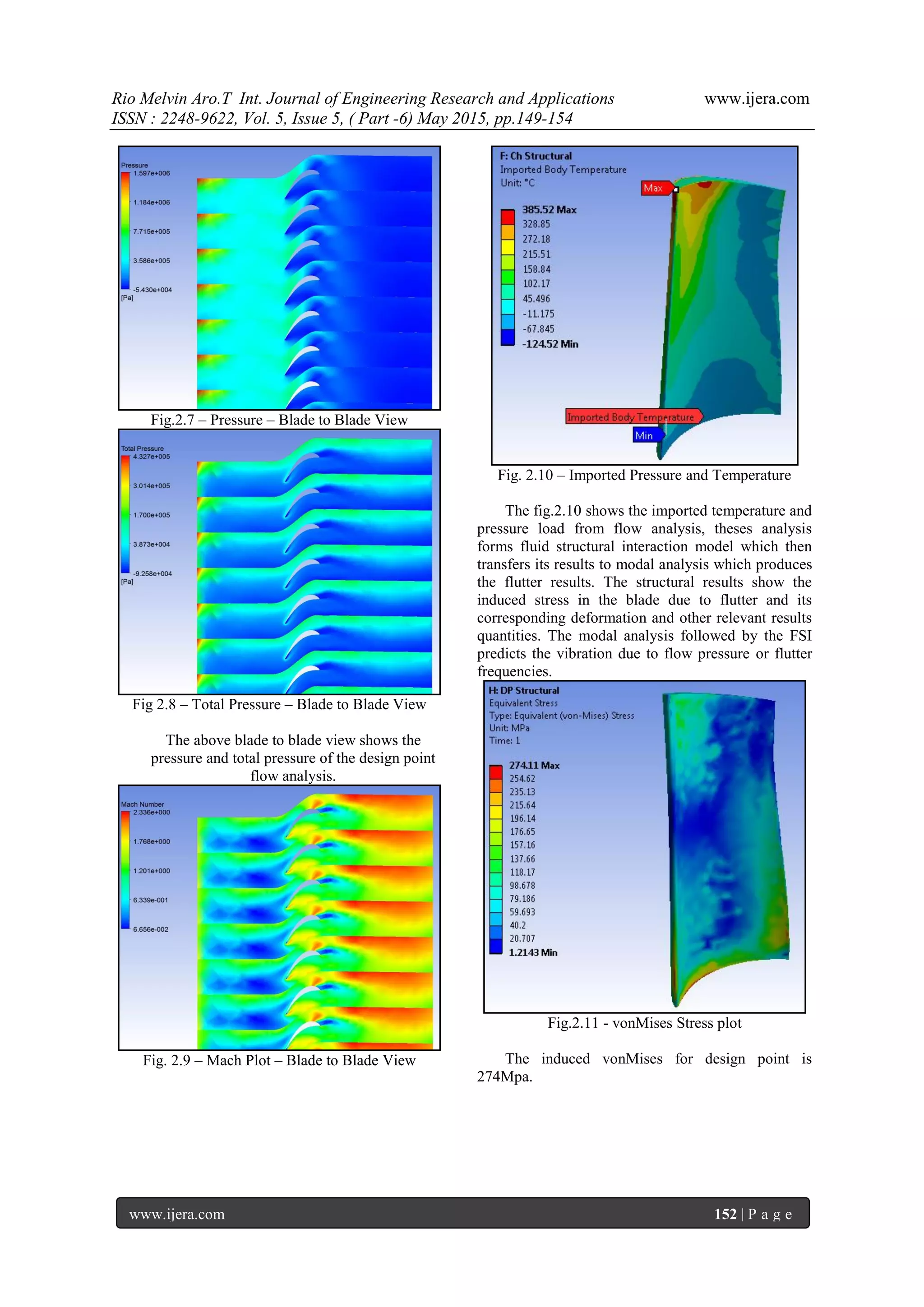 Rio Melvin Aro.T Int. Journal of Engineering Research and Applications www.ijera.com
ISSN : 2248-9622, Vol. 5, Issue 5, ( Part -6) May 2015, pp.149-154
www.ijera.com 152 | P a g e
Fig.2.7 – Pressure – Blade to Blade View
Fig 2.8 – Total Pressure – Blade to Blade View
The above blade to blade view shows the
pressure and total pressure of the design point
flow analysis.
Fig. 2.9 – Mach Plot – Blade to Blade View
Fig. 2.10 – Imported Pressure and Temperature
The fig.2.10 shows the imported temperature and
pressure load from flow analysis, theses analysis
forms fluid structural interaction model which then
transfers its results to modal analysis which produces
the flutter results. The structural results show the
induced stress in the blade due to flutter and its
corresponding deformation and other relevant results
quantities. The modal analysis followed by the FSI
predicts the vibration due to flow pressure or flutter
frequencies.
Fig.2.11 - vonMises Stress plot
The induced vonMises for design point is
274Mpa.
 