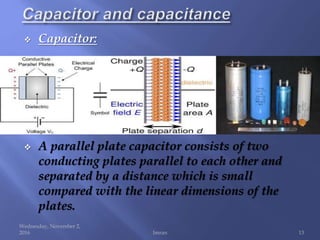  Capacitor:
 A parallel plate capacitor consists of two
conducting plates parallel to each other and
separated by a distance which is small
compared with the linear dimensions of the
plates.
Wednesday, November 2,
2016 Imran 13
 