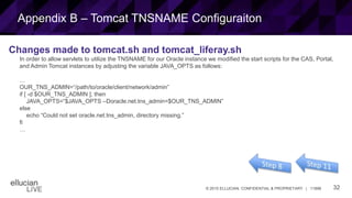32© 2015 ELLUCIAN. CONFIDENTIAL & PROPRIETARY | 11898
Appendix B – Tomcat TNSNAME Configuraiton
Changes made to tomcat.sh and tomcat_liferay.sh
In order to allow servlets to utilize the TNSNAME for our Oracle instance we modified the start scripts for the CAS, Portal,
and Admin Tomcat instances by adjusting the variable JAVA_OPTS as follows:
…
OUR_TNS_ADMIN=“/path/to/oracle/client/network/admin”
if [ -d $OUR_TNS_ADMIN ]; then
JAVA_OPTS=“$JAVA_OPTS –Doracle.net.tns_admin=$OUR_TNS_ADMIN”
else
echo “Could not set oracle.net.tns_admin, directory missing.”
fi
…
 