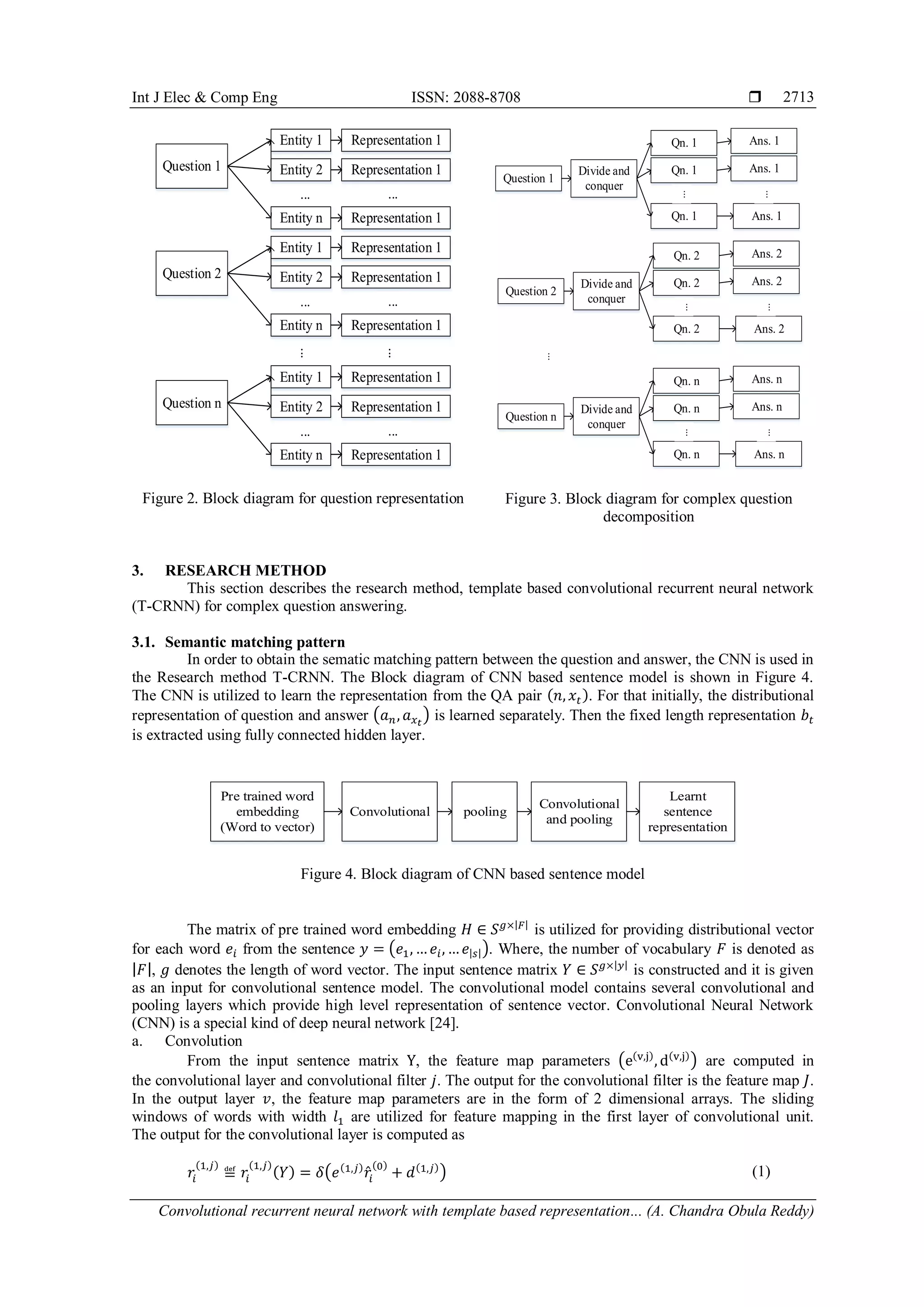 Int J Elec & Comp Eng ISSN: 2088-8708 
Convolutional recurrent neural network with template based representation... (A. Chandra Obula Reddy)
2713
Question 1
Entity 1 Representation 1
Entity 2
Entity n
Representation 1
Representation 1
... ...
Question 2
Entity 1 Representation 1
Entity 2
Entity n
Representation 1
Representation 1
... ...
Question n
Entity 1 Representation 1
Entity 2
Entity n
Representation 1
Representation 1
... ...
...
...
Figure 2. Block diagram for question representation
Question 1
Divide and
conquer
Qn. 1
Qn. 1
Qn. 1
Ans. 1
Ans. 1
Ans. 1
...
...
Question 2
Divide and
conquer
Qn. 2
Qn. 2
Qn. 2
Ans. 2
Ans. 2
Ans. 2
...
...
Question n
Divide and
conquer
Qn. n
Qn. n
Qn. n
Ans. n
Ans. n
Ans. n
...
...
...
Figure 3. Block diagram for complex question
decomposition
3. RESEARCH METHOD
This section describes the research method, template based convolutional recurrent neural network
(T-CRNN) for complex question answering.
3.1. Semantic matching pattern
In order to obtain the sematic matching pattern between the question and answer, the CNN is used in
the Research method T-CRNN. The Block diagram of CNN based sentence model is shown in Figure 4.
The CNN is utilized to learn the representation from the QA pair (𝑛, 𝑥𝑡). For that initially, the distributional
representation of question and answer (𝑎 𝑛, 𝑎 𝑥 𝑡
) is learned separately. Then the fixed length representation 𝑏𝑡
is extracted using fully connected hidden layer.
Pre trained word
embedding
(Word to vector)
Convolutional pooling
Convolutional
and pooling
Learnt
sentence
representation
Figure 4. Block diagram of CNN based sentence model
The matrix of pre trained word embedding 𝐻 ∈ 𝑆 𝑔×|𝐹|
is utilized for providing distributional vector
for each word 𝑒𝑖 from the sentence 𝑦 = (𝑒1, … 𝑒𝑖, … 𝑒|𝑠|). Where, the number of vocabulary 𝐹 is denoted as
| 𝐹|, 𝑔 denotes the length of word vector. The input sentence matrix 𝑌 ∈ 𝑆 𝑔×|𝑦|
is constructed and it is given
as an input for convolutional sentence model. The convolutional model contains several convolutional and
pooling layers which provide high level representation of sentence vector. Convolutional Neural Network
(CNN) is a special kind of deep neural network [24].
a. Convolution
From the input sentence matrix Y, the feature map parameters (e(v,j)
, d(v,j)
) are computed in
the convolutional layer and convolutional filter 𝑗. The output for the convolutional filter is the feature map 𝐽.
In the output layer 𝑣, the feature map parameters are in the form of 2 dimensional arrays. The sliding
windows of words with width 𝑙1 are utilized for feature mapping in the first layer of convolutional unit.
The output for the convolutional layer is computed as
𝑟𝑖
(1,𝑗)
≝ 𝑟𝑖
(1,𝑗)
(𝑌) = 𝛿(𝑒(1,𝑗)
𝑟̂𝑖
(0)
+ 𝑑(1,𝑗)
) (1)
 