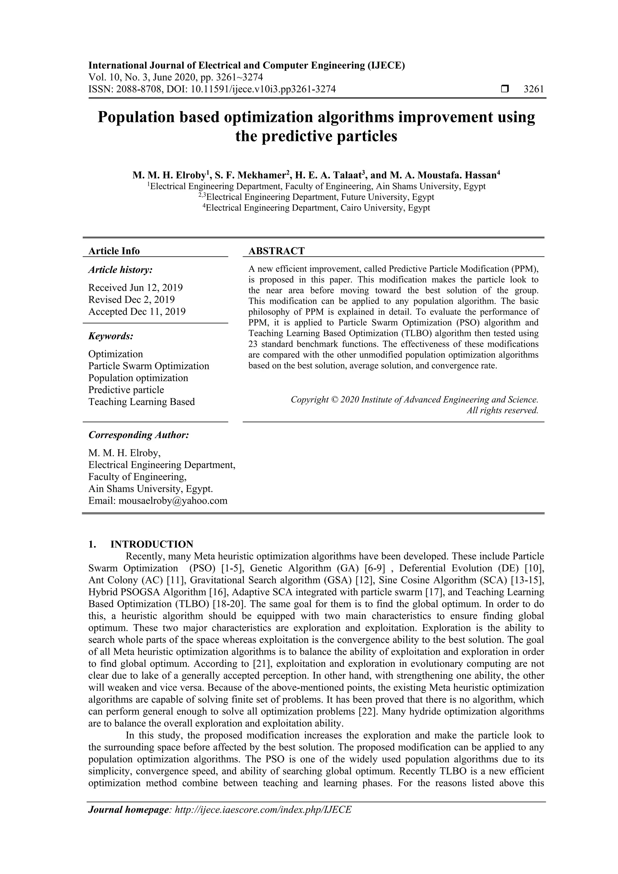 Population based optimization algorithms improvement using the ...