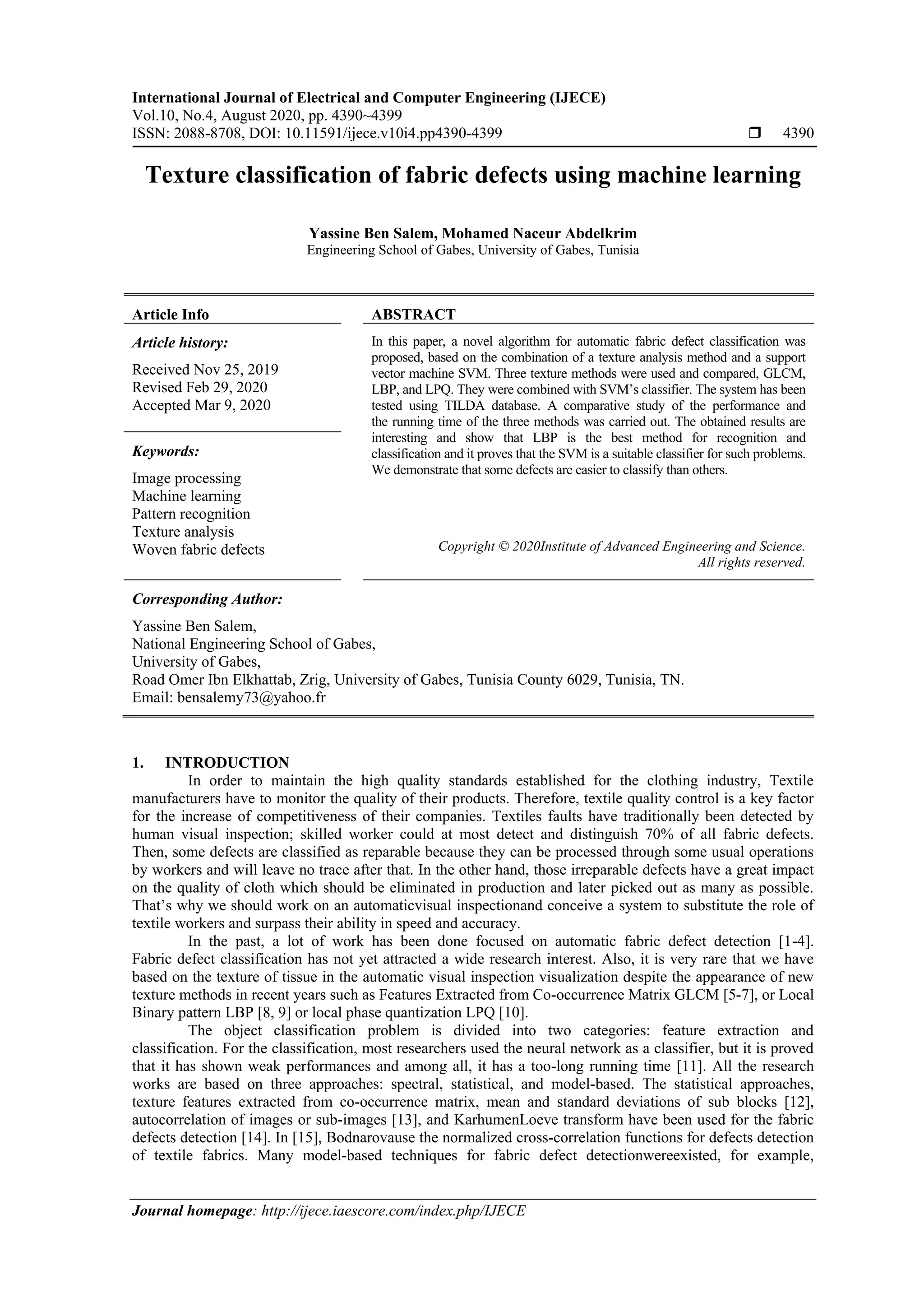 Texture classification of fabric defects using machine learning | PDF
