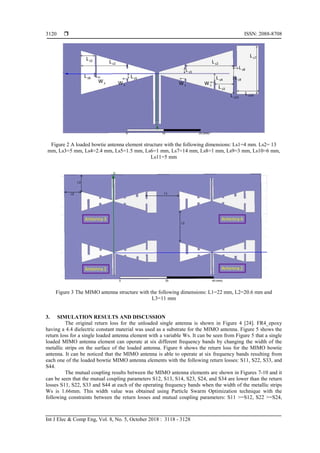  ISSN: 2088-8708
Int J Elec & Comp Eng, Vol. 8, No. 5, October 2018 : 3118 - 3128
3120
Figure 2 A loaded bowtie antenna element structure with the following dimensions: Ls1=4 mm. Ls2= 13
mm, Ls3=5 mm, Ls4=2.4 mm, Ls5=1.5 mm, Ls6=1 mm, Ls7=14 mm, Ls8=1 mm, Ls9=3 mm, Ls10=6 mm,
Ls11=5 mm
Figure 3 The MIMO antenna structure with the following dimensions: L1=22 mm, L2=20.6 mm and
L3=11 mm
3. SIMULATION RESULTS AND DISCUSSION
The original return loss for the unloaded single antenna is shown in Figure 4 [24]. FR4_epoxy
having a 4.4 dielectric constant material was used as a substrate for the MIMO antenna. Figure 5 shows the
return loss for a single loaded antenna element with a variable Ws. It can be seen from Figure 5 that a single
loaded MIMO antenna element can operate at six different frequency bands by changing the width of the
metallic strips on the surface of the loaded antenna. Figure 6 shows the return loss for the MIMO bowtie
antenna. It can be noticed that the MIMO antenna is able to operate at six frequency bands resulting from
each one of the loaded bowtie MIMO antenna elements with the following return losses: S11, S22, S33, and
S44.
The mutual coupling results between the MIMO antenna elements are shown in Figures 7-10 and it
can be seen that the mutual coupling parameters S12, S13, S14, S23, S24, and S34 are lower than the return
losses S11, S22, S33 and S44 at each of the operating frequency bands when the width of the metallic strips
Ws is 1.66mm. This width value was obtained using Particle Swarm Optimization technique with the
following constraints between the return losses and mutual coupling parameters: S11 >=S12, S22 >=S24,
 