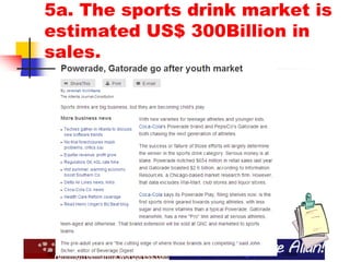5a. The sports drink market is
estimated US$ 300Billion in
sales.
SOURCE: http://www.manilatimes.net/national/2006/oct/25/yehey/business/20061025bus6.html
 