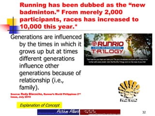 Running has been dubbed as the “new badminton.” From merely 2,000 participants, races has increased to 10,000 this year.*32Generations are influenced by the times in which it grows up but at times different generations influence other generations because of relationship (i.e., family).Source: Rudy Biscocho, Runner’s World Philippines 2nd Issue, July 2010Explanation of Concept