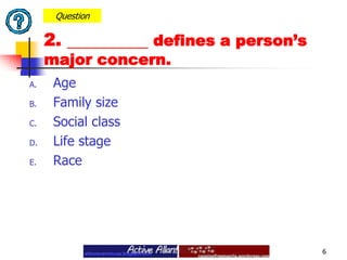  Age Family size Social class Life stage Race6Question2.  defines a person’s major concern.