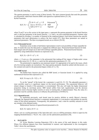 Int J Elec & Comp Eng ISSN: 2088-8708 
The effect of gamma value on support vector machine… (Intisar Shadeed Al-Mejibli)
5501
The gamma parameter is used in some of these kernels. The most common kernels that used this parameter
are polynomial, radial basis function (RBF) and sigmoid as explained below [25, 26].
Kernel Functions:
(γ X• Y+ c)ɗ
, γ > 0 Polynomial
K(X ,Y) = exp (-γ X• Y|2
), γ > 0 RBF (1)
tanh (γ X• Y+ c) Sigmoid
where X and Y act as the vectors in the input space, γ represents the gamma parameter in the kernel function
and c is the bias parameter in the kernel function. γ, d, and c, are user-controlled parameters. Gamma value
is calculated by dividing 1 to number of featured in the employed dataset. Each kernel function has specific
parameters that need optimization to achieve the best results [27]. Here these parameters are named as
optimized parameters. The three investigated kernels are as follows [28-30]:
3.2.1. Polynomial kernel
Sometimes noise in data or bad feature representation result in not possibility of linear separable for
data. To tackle this issue the data points is mapped into different space. Polynomial kernel function for both
hard margin and soft margin are to deal with nonlinear separable patterns. Polynomial kernel function
applied by using mathematical function as expressed in (2),
K(X ,Y) = (X• Y+ c)ɗ
γ >0 (2)
where c ≥ 0 acts as a free parameter in the polynomial that trading-off the impact of higher-order versus
lower-order terms [16, 23, 30]. d, γ, c and ɗ are the optimization parameters [31, 32].
The polynomial is regarded as non-stationary kernel. It is appropriate to be used in the issues, which
all of its training samples are normalized. The slope gamma parameter should be settled with this kernel. c is
the constant term and d is the polynomial degree (where d=3, c=0).
3.2.2. RBF kernel
The Radial basis function also called the RBF kernel, or Gaussian kernel. It is applied by using
mathematical function that expressed in (3):
K(X, Y)=exp (-γ |X - Y|2) γ >0 (3)
To set the “spread” of the kernel, the γ parameter is used [16, 23, 33]. The adjustable parameter γ
must carefully tuned as it significant impact on this kernel performance. The exponential behavior will
almost change to linearly if this parameter is overestimated. This also will make the higher dimensional
projection losing its non-linear power. RBF kernel suffers from lack regularization and the decision
boundaries tend to become highly sensitive to noise in training data, if underestimated. Thus, the value of γ
parameter must be carefully chosen as it influence the performance of SVM [31].
3.2.3. Sigmoid kernel
As mentioned previously, each kernel must be positive definite to satisfy Mercer’s theorem.
Although, the Sigmoid kernel function is commonly implemented, it is not positive semi-definite for specific
values of this kernel parameters. Consequently, the parameters γ and c must be carefully selected to avoid
any mistake in the obtained results.
Mathematical function of sigmoid kernel presented in (4):
K(X, Y)= tanh (γ X• Y+ c) (4)
where γ acts as a scaling parameter of the input data and c acts as a shifting parameter, which is supervise the
mapping threshold (hence c =0) [15, 16]. γ and c are the optimization parameters [30].
4. DATASETS
UC Irvine Machine Learning Repository [34] is the source of the used datasets in this study.
Where five different datasets have been transformed to numeric and implemented in this investigation.
Table 1 shows the used datasets.
 