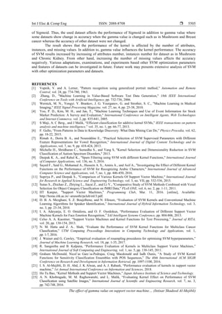 Int J Elec & Comp Eng ISSN: 2088-8708 
The effect of gamma value on support vector machine… (Intisar Shadeed Al-Mejibli)
5505
of Sigmoid. Thus, the used dataset affects the performance of Sigmoid in addition to gamma value where
some datasets show change in accuracy when the gamma value is changed such as in Mushroom and Breast
cancer whereas the accuracy of other dataset were not changed.
The result shows that the performance of the kernel is affected by the number of attributes,
instances, and missing values. In addition to, gamma value influences the kernel performance. The accuracy
of SVM results increased by increasing of attributes number, instances number for dataset as in Mushroom
and Chronic Kidney. From other hand, increasing the number of missing values affects the accuracy
negatively. Various adaptations, examinations, and experiments based other SVM optimization parameters
and features of datasets can be investigated in future. Future work may presents extensive analysis of SVM
with other optimization parameters and datasets.
REFERENCES
[1] Vapnik, V. and A. Lerner, "Pattern recognition using generalized portrait method," Automation and Remote
Control, vol. 24, pp. 774-780, 1963.
[2] Zhang, D., "Machine Learning in Value-Based Software Test Data Generation," 18th IEEE International
Conference on Tools with Artificial Intelligence, pp. 732-736, 2006.
[3] Wernick, M. N., Yongyi. Y. Brankov, J. G. Yourganov, G. and Strother, S. C., "Machine Learning in Medical
Imaging," IEEE Signal Processing Magazine, vol. 27, no. 4, pp. 25-38, 2010.
[4] Yoo, P. D., Kim, M. H., and Jan, T., "Machine Learning Techniques and Use of Event Information for Stock
Market Prediction: A Survey and Evaluation," International Conference on Intelligent Agents, Web Technologies
and Internet Commerce, vol. 2, pp. 835-841, 2005.
[5] S Maji, A. C Berg., and J Malik, “Efficient classification for additive kernel SVMs,” IEEE transactions on pattern
analysis and machine intelligence,” vol. 35, no. 1, pp. 66-77, 2013.
[6] F. Gullo, “From Patterns in Data to Knowledge Discovery: What Data Mining Can Do,” Physics Procedia, vol. 62,
pp. 18-22, 2015.
[7] Rimah A., Dorra B. A., and Noureddine E., “Practical Selection of SVM Supervised Parameters with Different
Feature Representations for Vowel Recognition,” International Journal of Digital Content Technology and its
Applications, vol. 7, no. 9, pp. 418-424, 2013.
[8] Michelle H., Shridharan C., Sumedha S., and Yang S, "Kernel Selection and Dimensionality Reduction in SVM
Classification of Autism Spectrum Disorders," 2013.
[9] Deepak K. A., and Rahul K., "Spam Filtering using SVM with different Kernel Functions," International Journal
of Computer Applications, vol. 136, no. 5, 2016.
[10] Sayed F., Said G., Mohamed A., Hussein A. S., Amira A., and Asif A., "Investigating the Effect of Different Kernel
Functions on the Performance of SVM for Recognizing Arabic Characters," International Journal of Advanced
Computer Science and Applications, vol. 7, no. 1, pp. 446-450, 2016.
[11] Supriya P., and Deepak S., "Comparison of Various Kernels Of Support Vector Machine," International Journal
for Research in Applied Science and Engineering Technology, vol. 3, no. VII, pp. 532-536, 2015.
[12] Sutao S., Zhichao Z., Zhiying L., Jiacai Z., and Li Y., "Comparative Study of SVM Methods Combined with Voxel
Selection for Object Category Classification on fMRI Data," PLoS ONE, vol. 6, no. 2, pp. 1-11, 2011.
[13] IIT Kanpur, "Support Vector Machines," Programming Club, Mar. 11, 2016. [online], Available:
http://home.iitk.ac.in/~arunothi/pclub/ml/3.pdf.
[14] D. B. A. Mezghani, S. Z. Boujelbene, and N. Ellouze, “Evaluation of SVM Kernels and Conventional Machine
Learning Algorithms for Speaker Identification,” International Journal of Hybrid Information Technology, vol. 3,
no. 3, pp. 23-34, 2010.
[15] I. A. Adeyanju, E. O. Omidiora, and O. F. Oyedokun, “Performance Evaluation of Different Support Vector
Machine Kernels for Face Emotion Recognition,” SAI Intelligent Systems Conference, pp. 804-806, 2015.
[16] Celso A. A. Kaestner, “Support Vector Machines and Kernel Functions for Text Processing,” Journal of RITA,
vol. 20, pp. 130-154, 2013.
[17] N. M. Hatta and Z. A.. Shah, “Evaluate the Performance of SVM Kernel Functions for Multiclass Cancer
Classification,” UTM Computing Proceedings Innovations in Computing Technology and Applications, vol. 1,
pp. 1-7, 2016.
[18] J. Wainer and G. Cawley, “Empirical evaluation of resampling procedures for optimising SVM hyperparameters,”
Journal of Machine Learning Research, vol. 18, pp. 1-35, 2017.
[19] R. Sangeetha and B. Kalpana, “Performance Evaluation of Kernels in Multiclass Support Vector Machines,”
International Journal of Soft Computing and Engineering, vol. 1, no. 5, pp. 138-145, 2011.
[20] Graham McDonald, Nicol´as Garc´ıa-Pedrajas, Craig Macdonald and Iadh Ounis, “A Study of SVM Kernel
Functions for Sensitivity Classification Ensembles with POS Sequences,” The 40th International ACM SIGIR
Conference on Research and Development in Information Retrieval, pp. 1097-1100, 2016.
[21] I. S. Al-Mejibli, D. H. Abd, J. K Alwan, and A. J. Rabash, “Performance evaluation of kernels in support vector
machine,” 1st Annual International Conference on Information and Sciences, 2018.
[22] Ho Tu Bao, “Kernel Methods and Support Vector Machines,” Japan Advance Institute of Science and Technology,
[23] A. N. Khobragade, M. M. Raghuwanshi, and L. Malik, “Evaluating Kernel Effect on Performance of SVM
Classification using Satellite Images,” International Journal of Scientific and Engineering Research, vol. 7, no. 3,
pp. 742-748, 2016.
 
