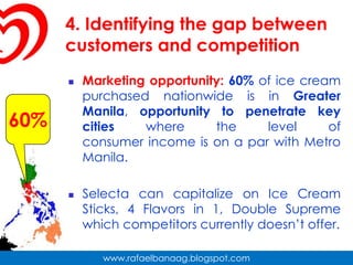 4. Identifying the gap between customers and competitionMarketing opportunity: 60% of ice cream purchased nationwide is in Greater Manila, opportunity to penetrate key cities where the level of consumer income is on a par with Metro Manila.