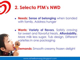 2. Selecta PTM’s NWDNeeds: Sense of belonging when bonded with family, Address hungerWants: Variety of flavors, Satisfy craving for sweet and flavorful treats, Affordability, More milk less sugar, Tub design, Different varieties in one packagingDemands: Smooth creamy frozen delight