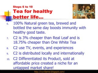 Steps 6 to 10
      Tea for healthy
      better life…
6.    100% Natural green tea, brewed and
      bottled the same day boosts immunity with
      healthy good taste.
7.    C2 is 3% cheaper than Real Leaf and is
      18.75% cheaper than One White Tea
8.    C2 use TV, events, and experiences
9.    C2 is distributed locally and internationally
10.   C2 Differentiated its Product, sold at
      affordable price created a niche for an
      untapped market share!
 