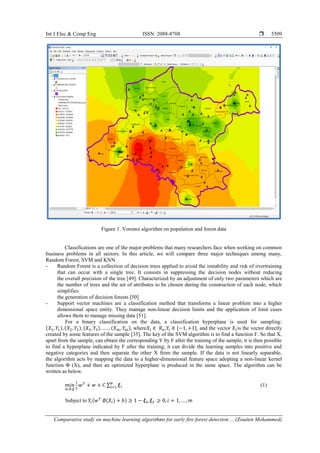 Int J Elec & Comp Eng ISSN: 2088-8708 
Comparative study on machine learning algorithms for early fire forest detection ... (Zouiten Mohammed)
5509
Figure 1. Voronoi algorithm on population and forest data
Classifications are one of the major problems that many researchers face when working on common
business problems in all sectors. In this article, we will compare three major techniques among many,
Random Forest, SVM and KNN.
- Random Forest is a collection of decision trees applied to avoid the instability and risk of overtraining
that can occur with a single tree. It consists in suppressing the decision nodes without reducing
the overall precision of the tree [49]. Characterized by an adjustment of only two parameters which are
the number of trees and the set of attributes to be chosen during the construction of each node, which
simplifies
the generation of decision forests [50]
- Support vector machines are a classification method that transforms a linear problem into a higher
dimensional space entity. They manage non-linear decision limits and the application of limit cases
allows them to manage missing data [51].
For a binary classification on the data, a classification hyperplane is used for sampling:
(𝑋1, 𝑌1), (𝑋2, 𝑌2), (𝑋3, 𝑌3), … . , (𝑋 𝑚, 𝑌 𝑚), where𝑋𝑖 ∈ 𝑅 𝑛,𝑌𝑖 ∈ {−1, +1}, and the vector 𝑋1is the vector directly
created by some features of the sample [35]. The key of the SVM algorithm is to find a function F. So that X,
apart from the sample, can obtain the corresponding Y by F after the training of the sample, it is then possible
to find a hyperplane indicated by F after the training; it can divide the learning samples into positive and
negative categories and then separate the other X from the sample. If the data is not linearly separable,
the algorithm acts by mapping the data to a higher-dimensional feature space adopting a non-linear kernel
function Φ (X), and then an optimized hyperplane is produced in the same space. The algorithm can be
written as below.
𝑚𝑖𝑛
𝑤,𝑏,𝝃
1
2
𝑤 𝑇
+ 𝑤 + 𝐶 ∑ 𝝃𝑖
𝑝
𝑖=1 (1)
Subject to 𝑌𝑖(𝑤 𝑇
∅(𝑋𝑖) + 𝑏) ≥ 1 − 𝝃𝒊, 𝝃𝒊 ≥ 0, 𝑖 = 1, … , 𝑚
 