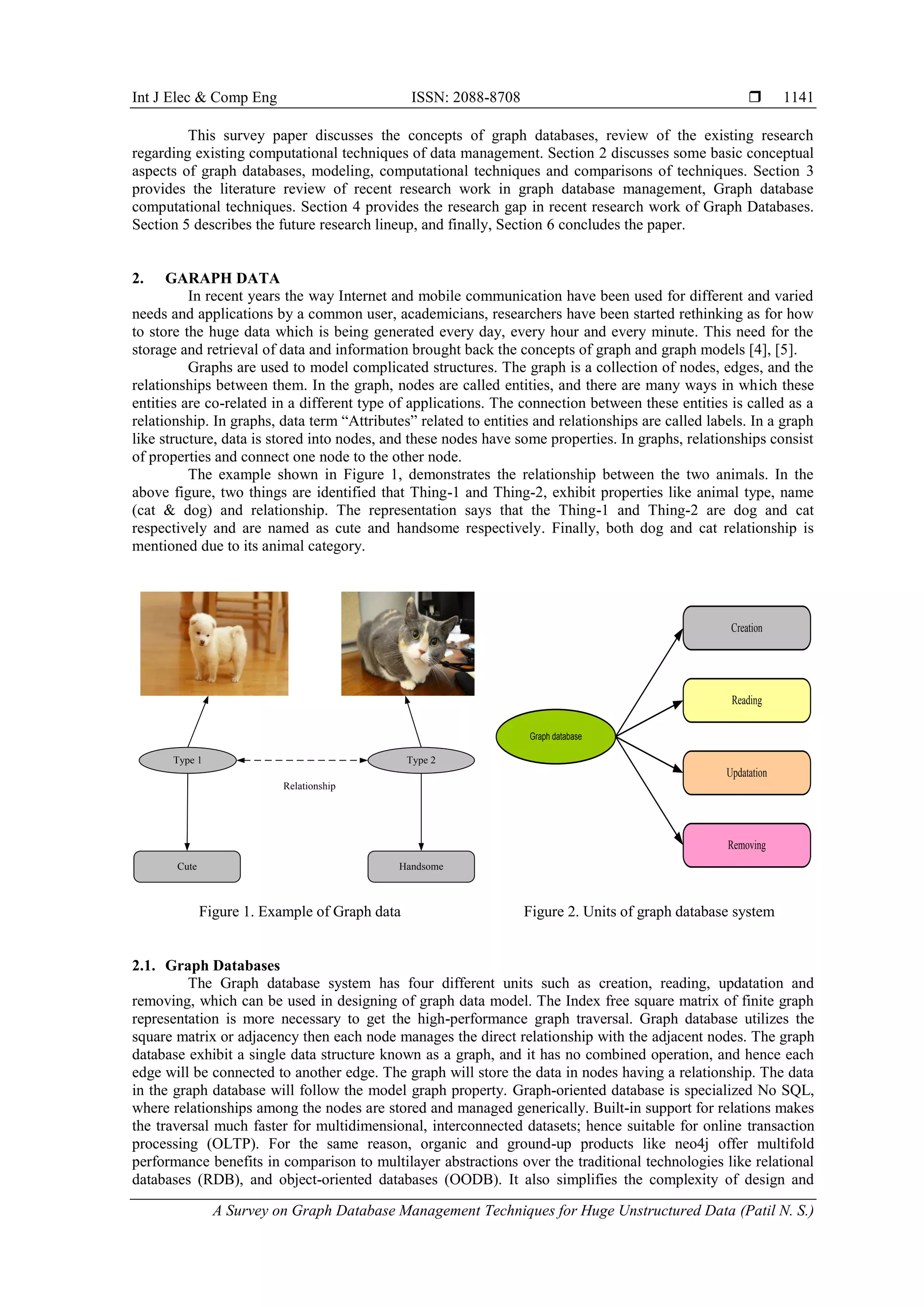 Int J Elec & Comp Eng ISSN: 2088-8708 
A Survey on Graph Database Management Techniques for Huge Unstructured Data (Patil N. S.)
1141
This survey paper discusses the concepts of graph databases, review of the existing research
regarding existing computational techniques of data management. Section 2 discusses some basic conceptual
aspects of graph databases, modeling, computational techniques and comparisons of techniques. Section 3
provides the literature review of recent research work in graph database management, Graph database
computational techniques. Section 4 provides the research gap in recent research work of Graph Databases.
Section 5 describes the future research lineup, and finally, Section 6 concludes the paper.
2. GARAPH DATA
In recent years the way Internet and mobile communication have been used for different and varied
needs and applications by a common user, academicians, researchers have been started rethinking as for how
to store the huge data which is being generated every day, every hour and every minute. This need for the
storage and retrieval of data and information brought back the concepts of graph and graph models [4], [5].
Graphs are used to model complicated structures. The graph is a collection of nodes, edges, and the
relationships between them. In the graph, nodes are called entities, and there are many ways in which these
entities are co-related in a different type of applications. The connection between these entities is called as a
relationship. In graphs, data term “Attributes” related to entities and relationships are called labels. In a graph
like structure, data is stored into nodes, and these nodes have some properties. In graphs, relationships consist
of properties and connect one node to the other node.
The example shown in Figure 1, demonstrates the relationship between the two animals. In the
above figure, two things are identified that Thing-1 and Thing-2, exhibit properties like animal type, name
(cat & dog) and relationship. The representation says that the Thing-1 and Thing-2 are dog and cat
respectively and are named as cute and handsome respectively. Finally, both dog and cat relationship is
mentioned due to its animal category.
Type 1 Type 2
Cute Handsome
Relationship
Graph database
Creation
Reading
Updatation
Removing
Figure 1. Example of Graph data Figure 2. Units of graph database system
2.1. Graph Databases
The Graph database system has four different units such as creation, reading, updatation and
removing, which can be used in designing of graph data model. The Index free square matrix of finite graph
representation is more necessary to get the high-performance graph traversal. Graph database utilizes the
square matrix or adjacency then each node manages the direct relationship with the adjacent nodes. The graph
database exhibit a single data structure known as a graph, and it has no combined operation, and hence each
edge will be connected to another edge. The graph will store the data in nodes having a relationship. The data
in the graph database will follow the model graph property. Graph-oriented database is specialized No SQL,
where relationships among the nodes are stored and managed generically. Built-in support for relations makes
the traversal much faster for multidimensional, interconnected datasets; hence suitable for online transaction
processing (OLTP). For the same reason, organic and ground-up products like neo4j offer multifold
performance benefits in comparison to multilayer abstractions over the traditional technologies like relational
databases (RDB), and object-oriented databases (OODB). It also simplifies the complexity of design and
 