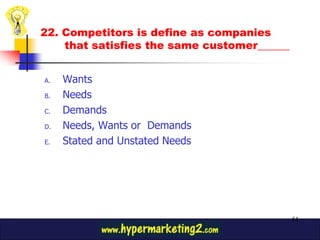 22. Competitors is define as companies
    that satisfies the same customer______


A.   Wants
B.   Needs
C.   Demands
D.   Needs, Wants or Demands
E.   Stated and Unstated Needs




                                             54
 
