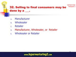KOTLER P.482

32. Selling to final consumers may be         Paragraph 2


done by a ___.

A.   Manufacturer
B.   Wholesaler
C.   Retailer
D.   Manufacturer, Wholesaler, or Retailer
E.   Wholesaler or Retailer




                                                79
 