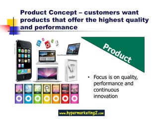 Product Concept – customers want
products that offer the highest quality
and performance




                    • Focus is on quality,
                      performance and
                      continuous
                      innovation
 