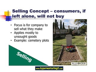 Selling Concept – consumers, if
 left alone, will not buy

• Focus is for company to
  sell what they make
• Applies mostly to
  unsought goods
• Example: cemetery plots
 