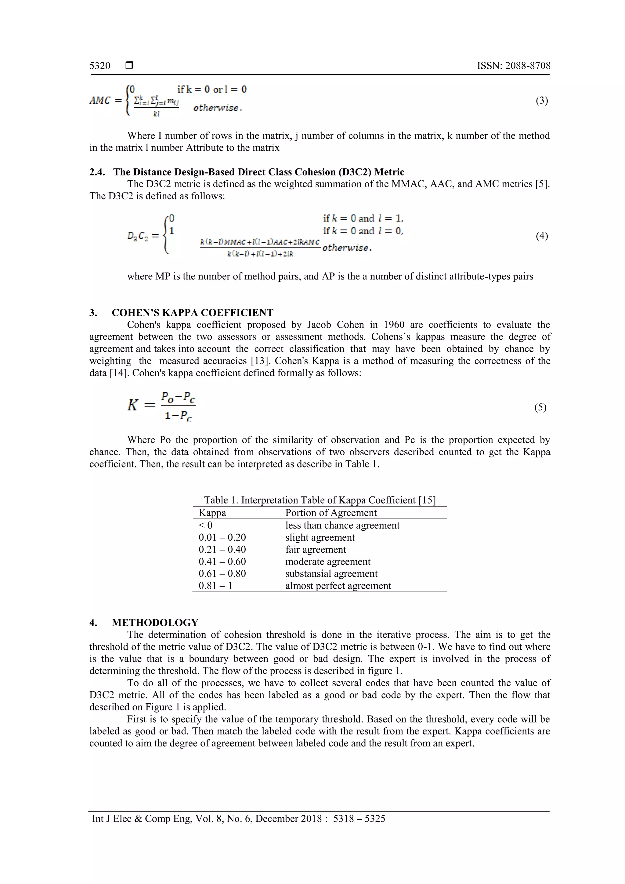  ISSN: 2088-8708
Int J Elec & Comp Eng, Vol. 8, No. 6, December 2018 : 5318 – 5325
5320
(3)
Where I number of rows in the matrix, j number of columns in the matrix, k number of the method
in the matrix l number Attribute to the matrix
2.4. The Distance Design-Based Direct Class Cohesion (D3C2) Metric
The D3C2 metric is defined as the weighted summation of the MMAC, AAC, and AMC metrics [5].
The D3C2 is defined as follows:
(4)
where MP is the number of method pairs, and AP is the a number of distinct attribute-types pairs
3. COHEN’S KAPPA COEFFICIENT
Cohen's kappa coefficient proposed by Jacob Cohen in 1960 are coefficients to evaluate the
agreement between the two assessors or assessment methods. Cohens’s kappas measure the degree of
agreement and takes into account the correct classification that may have been obtained by chance by
weighting the measured accuracies [13]. Cohen's Kappa is a method of measuring the correctness of the
data [14]. Cohen's kappa coefficient defined formally as follows:
(5)
Where Po the proportion of the similarity of observation and Pc is the proportion expected by
chance. Then, the data obtained from observations of two observers described counted to get the Kappa
coefficient. Then, the result can be interpreted as describe in Table 1.
Table 1. Interpretation Table of Kappa Coefficient [15]
Kappa Portion of Agreement
< 0 less than chance agreement
0.01 – 0.20 slight agreement
0.21 – 0.40 fair agreement
0.41 – 0.60 moderate agreement
0.61 – 0.80 substansial agreement
0.81 – 1 almost perfect agreement
4. METHODOLOGY
The determination of cohesion threshold is done in the iterative process. The aim is to get the
threshold of the metric value of D3C2. The value of D3C2 metric is between 0-1. We have to find out where
is the value that is a boundary between good or bad design. The expert is involved in the process of
determining the threshold. The flow of the process is described in figure 1.
To do all of the processes, we have to collect several codes that have been counted the value of
D3C2 metric. All of the codes has been labeled as a good or bad code by the expert. Then the flow that
described on Figure 1 is applied.
First is to specify the value of the temporary threshold. Based on the threshold, every code will be
labeled as good or bad. Then match the labeled code with the result from the expert. Kappa coefficients are
counted to aim the degree of agreement between labeled code and the result from an expert.
 