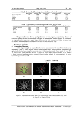 Int J Elec & Comp Eng ISSN: 2088-8708 
Edge detection algorithm based on quantum superposition principle and photons ... (Ayoub Ezzaki)
1663
Table 3. values for different algorithms with 4 types of noise for image 2
Without noise Gaussian noise Poisson noise Salt & Pepper noise Speckle noise
Proposed algorithm 0,984 0,959 0,888 0,891 0,995
Sobel 1 0,958 0,857 0,654 0,889
Kayyali 0,822 0,884 0,749 0,799 0,947
Canny 0,931 0,725 0,887 0,879 0,758
Singh 0,654 0,726 0,854 0,714 0,921
Table 4. values for different algorithms with 4 types of noise for image 2
Without noise Gaussian noise Poisson noise Salt & Pepper noise Speckle noise
Proposed algorithm 0,925 0,988 0,854 0,985 0,781
Sobel 0,821 0,755 0,611 0,916 0,755
Kayyali 0,899 0,749 0,777 0,871 0,727
Canny 0,721 0,822 0,794 0,811 0,711
Singh 0,791 0.792 0.799 0.785 0,747
The presented results show a good performance of our proposal, outperforming the rest of
considered methods in most of the situations. This way, by applying it to synthetic images, we can see that
the proposed method successfully detects edges while preserving their continuity and object corners, even at
the presence of different types of noise without the need of a post processing stage.
4.3. Real images application
a. Controlled environment
In this stage, we apply our proposed method for the segmentation of the area of mint plant‟s leaves
as shown in Figure 11. After that, the centroid of the detected surface is calculated and transmitted to an
agricultural robotised arm, placed on a mobile robot (with dimensions width=45cm, length=65 cm) [34],
for pesticide and water application. Figure 12 shows the usage of the proposed method as the input of
a Hough transform-based segmentation process [35] employed to estimate the robot‟s trajectory (in green)
between the pots‟s rows (in red).
Figure 11. Edge detection of mint plant: (a) Original image; (b) Proposed method; (c) Canny;
(d) Kayyali; (e) Singh; (f) Sobel
 
