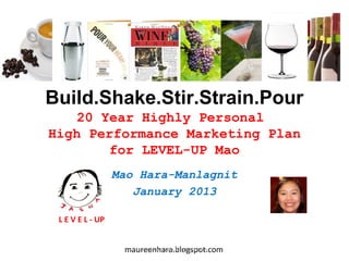 Build.Shake.Stir.Strain.Pour
    20 Year Highly Personal
High Performance Marketing Plan
        for LEVEL-UP Mao
                  Mao Hara-Manlagnit
                     January 2013

 L E V E L - UP


                   maureenhara.blogspot.com
                      maureenhara.blogspot.com
 