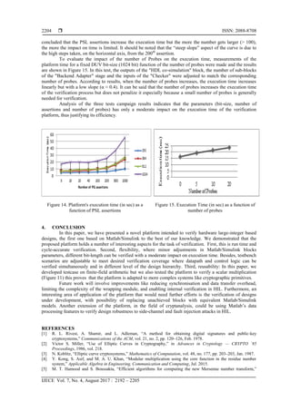  ISSN: 2088-8708
IJECE Vol. 7, No. 4, August 2017 : 2192 – 2205
2204
concluded that the PSL assertions increase the execution time but the more the number gets larger (> 100),
the more the impact on time is limited. It should be noted that the ―steep slope‖ aspect of the curve is due to
the high steps taken, on the horizontal axis, from the 200th
assertion.
To evaluate the impact of the number of Probes on the execution time, measurements of the
platform time for a fixed DUV bit-size (1024 bit) function of the number of probes were made and the results
are shown in Figure 15. In this test, the outputs of the "HDL co-simulation" block, the number of sub-blocks
of the "Backend Adapter" stage and the inputs of the "Checker" were adjusted to match the corresponding
number of probes. According to results, when the number of probes increases, the execution time increases
linearly but with a low slope (α ≈ 0.4). It can be said that the number of probes increases the execution time
of the verification process but does not penalize it especially because a small number of probes is generally
needed for verification.
Analysis of the three tests campaign results indicates that the parameters (bit-size, number of
assertions and number of probes) has only a moderate impact on the execution time of the verification
platform, thus justifying its efficiency.
Figure 14. Platform's execution time (in sec) as a
function of PSL assertions
Figure 15. Execution Time (in sec) as a function of
number of probes
4. CONCLUSION
In this paper, we have presented a novel platform intended to verify hardware large-integer based
designs, the first one based on Matlab/Simulink to the best of our knowledge. We demonstrated that the
proposed platform holds a number of interesting aspects for the task of verification. First, this is run time and
cycle-accurate verification. Second, flexibility, where minor adjustments in Matlab/Simulink blocks
parameters, different bit-length can be verified with a moderate impact on execution time. Besides, testbench
scenarios are adjustable to meet desired verification coverage where datapath and control logic can be
verified simultaneously and in different level of the design hierarchy. Third, reusability: In this paper, we
developed testcase on finite-field arithmetic but we also tested the platform to verify a scalar multiplication
(Figure 11) this proves that the platform is adapted to more complex systems like cryptographic primitives.
Future work will involve improvements like reducing synchronisation and data transfer overhead,
limiting the complexity of the wrapping module, and enabling internal verification in HIL. Furthermore, an
interesting area of application of the platform that would need further efforts is the verification of designs
under development, with possibility of replacing unachieved blocks with equivalent Matlab/Simulink
models. Another extension of the platform, in the field of cryptanalysis, could be using Matlab‘s data
processing features to verify design robustness to side-channel and fault injection attacks in HIL.
REFERENCES
[1] R. L. Rivest, A. Shamir, and L. Adleman, ―A method for obtaining digital signatures and public-key
cryptosystems,‖ Communications of the ACM, vol. 21, no. 2, pp. 120–126, Feb. 1978.
[2] Victor S. Miller, ―Use of Elliptic Curves in Cryptography,‖ in Advances in Cryptology — CRYPTO ’85
Proceedings, 1986, vol. 218.
[3] N. Koblitz, ―Elliptic curve cryptosystems,‖ Mathematics of Computation, vol. 48, no. 177, pp. 203–203, Jan. 1987.
[4] Y. Kong, S. Asif, and M. A. U. Khan, ―Modular multiplication using the core function in the residue number
system,‖ Applicable Algebra in Engineering, Communication and Computing, Jul. 2015.
[5] M. T. Hamood and S. Boussakta, ―Efficient algorithms for computing the new Mersenne number transform,‖
 