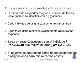 Suposiciones en el modelo de asignación
26
 El número de asignados es igual al número de tareas.
(este número se identifica con n.) (balance)
 Cada individuo se asigna exactamente a una tarea
 Cada tarea debe realizarla exactamente un individuo
asignado
 Existe un costo Cij asociado con el individuo i
(i=1,2,3…n) que realiza la tarea j (j= 1,2,3…n).
 El objetivo es determinar cómo deben asignarse las
n asignaciones para minimizar los costos
Carlos J. Molestina Malta
 