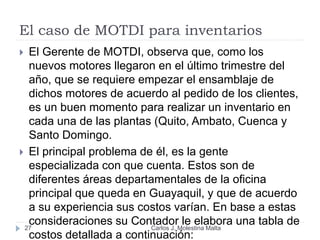 El caso de MOTDI para inventarios
27
 El Gerente de MOTDI, observa que, como los
nuevos motores llegaron en el último trimestre del
año, que se requiere empezar el ensamblaje de
dichos motores de acuerdo al pedido de los clientes,
es un buen momento para realizar un inventario en
cada una de las plantas (Quito, Ambato, Cuenca y
Santo Domingo.
 El principal problema de él, es la gente
especializada con que cuenta. Estos son de
diferentes áreas departamentales de la oficina
principal que queda en Guayaquil, y que de acuerdo
a su experiencia sus costos varían. En base a estas
consideraciones su Contador le elabora una tabla de
costos detallada a continuación:
Carlos J. Molestina Malta
 